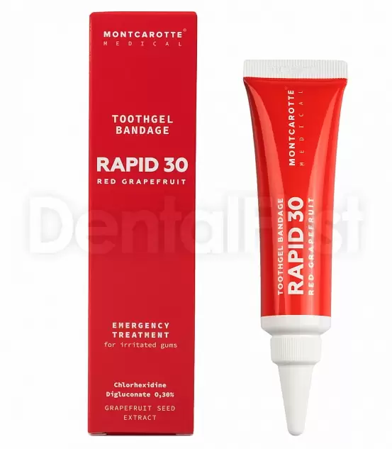 Зубной гель-бандаж Montcarotte RAPID 30 Красный грейпфрут, хлоргексидин 0,3%, 30 мл | Купить стоматологические товары недорого в интернет-магазине Dental First